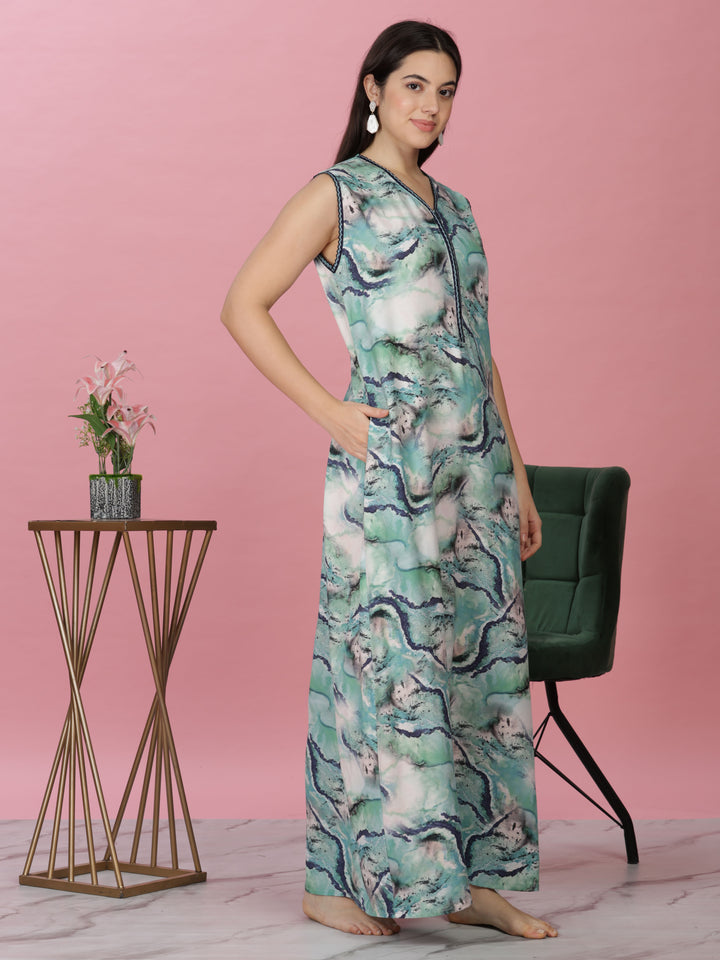 Aqua Marble Print Sleeveless Rayon Nighty for Women 