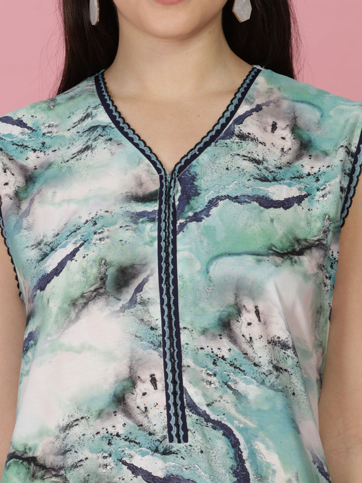 Aqua Marble Print Sleeveless Rayon Nighty for Women 