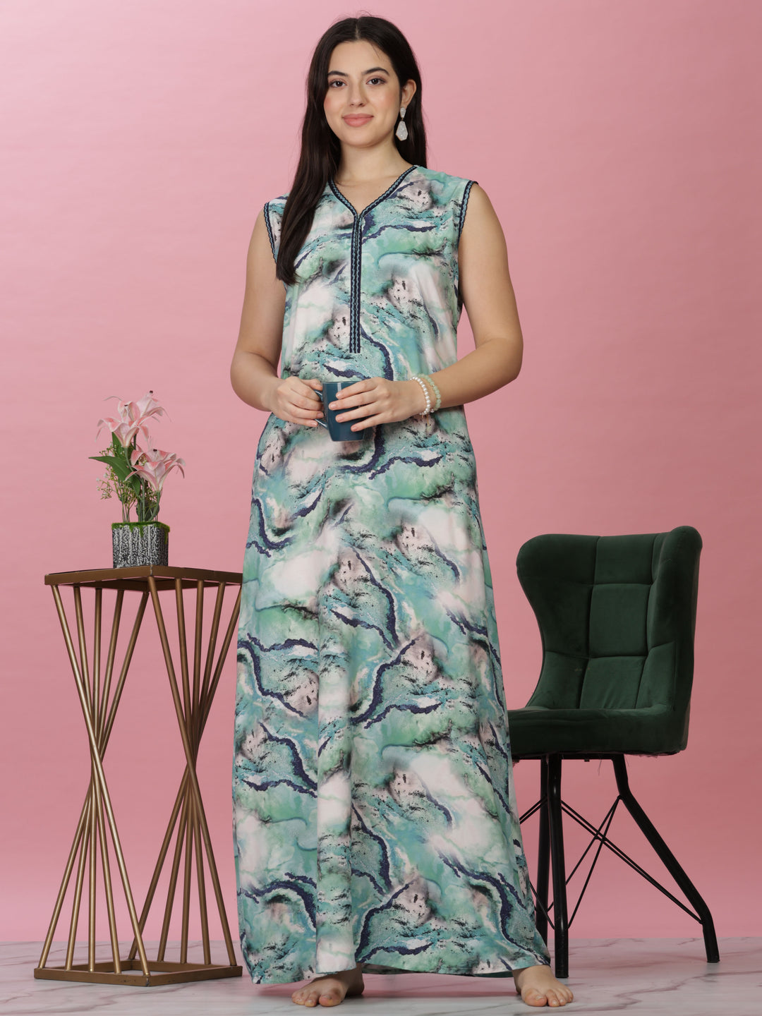 Aqua Marble Print Sleeveless Rayon Nighty - Luxe Women's Loungewear