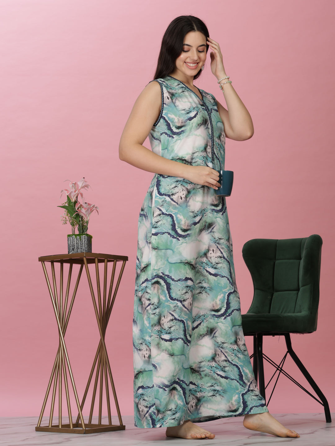 Aqua Marble Print Sleeveless Rayon Nighty for Women 