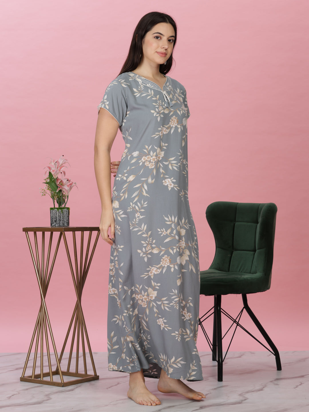 English Grey Rayon Designer Nighty with Embroidered V-Neck