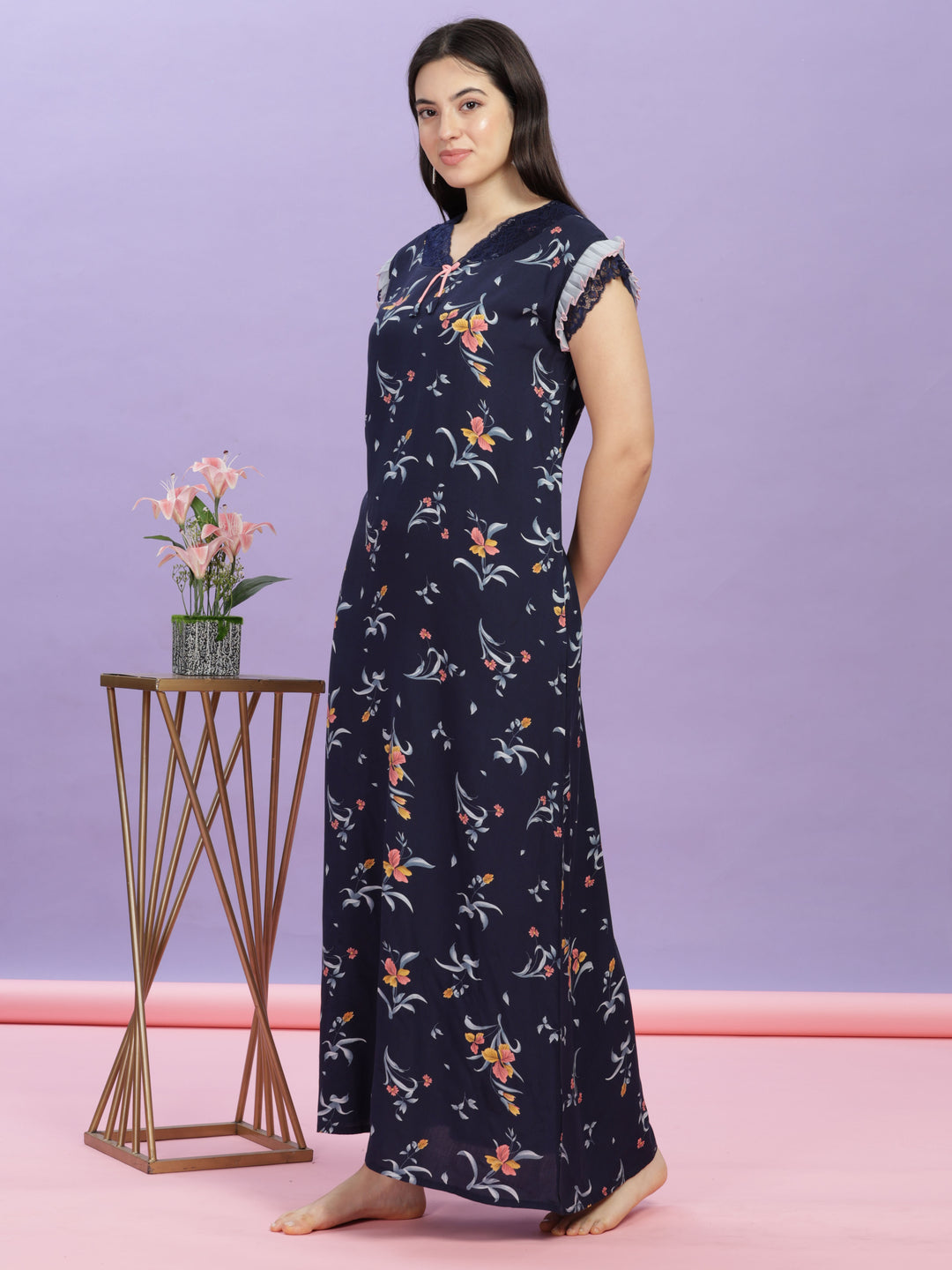 Elegant Navy Blue Rayon Floral Print Maxi Nightdress