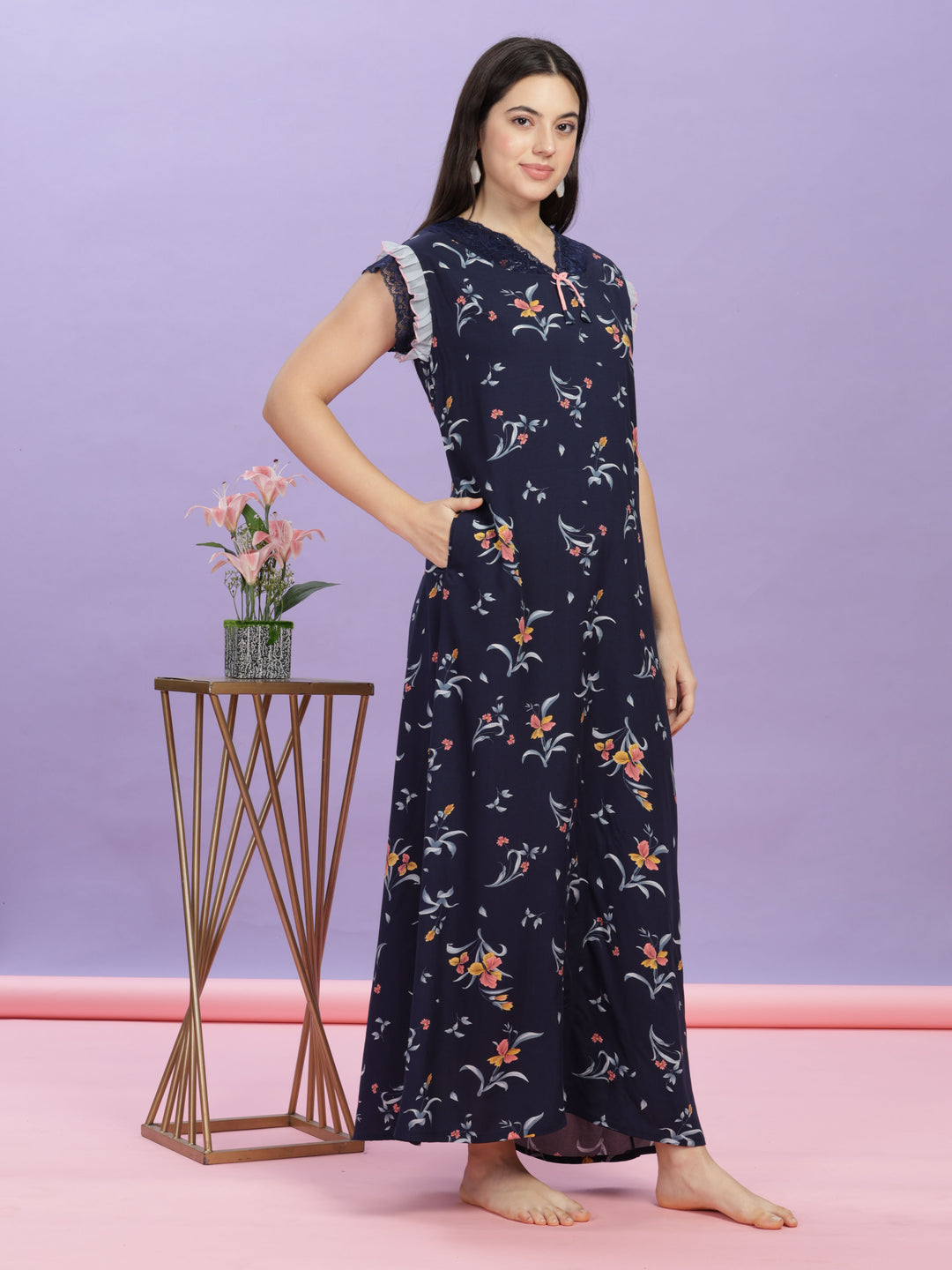 Elegant Navy Blue Rayon Floral Print Maxi Nightdress