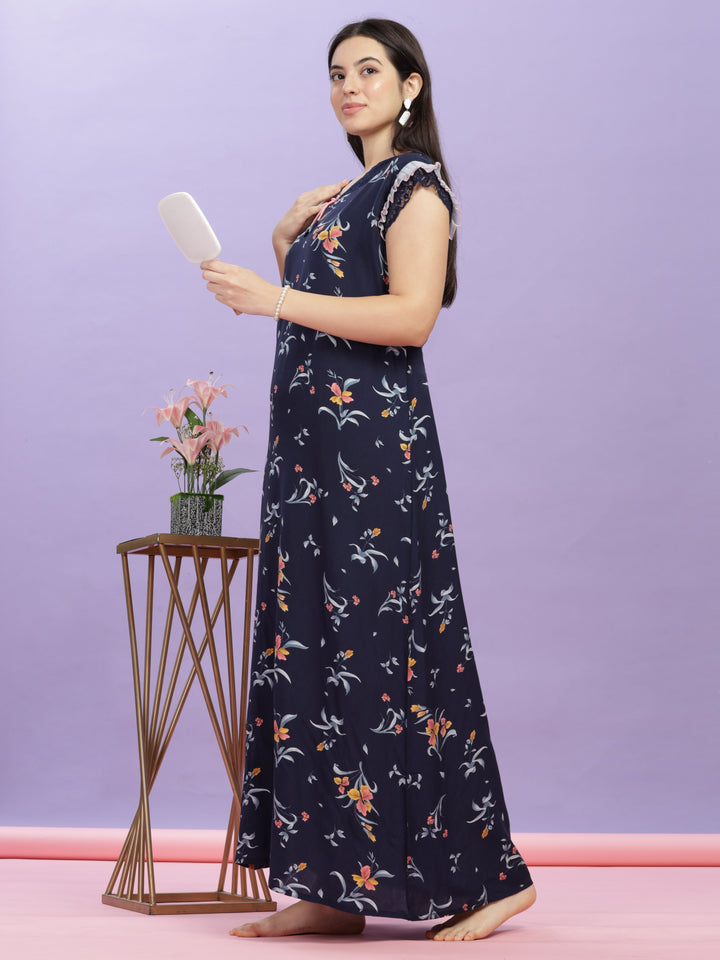 Elegant Navy Blue Rayon Floral Print Maxi Nightdress