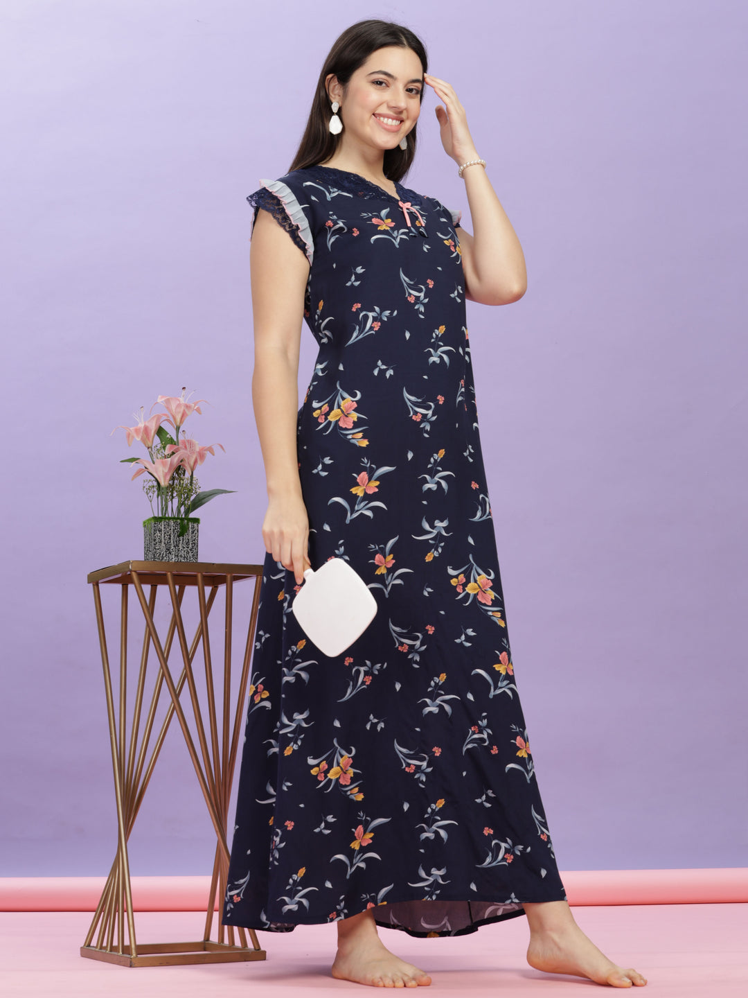 Elegant Navy Blue Rayon Floral Print Maxi Nightdress