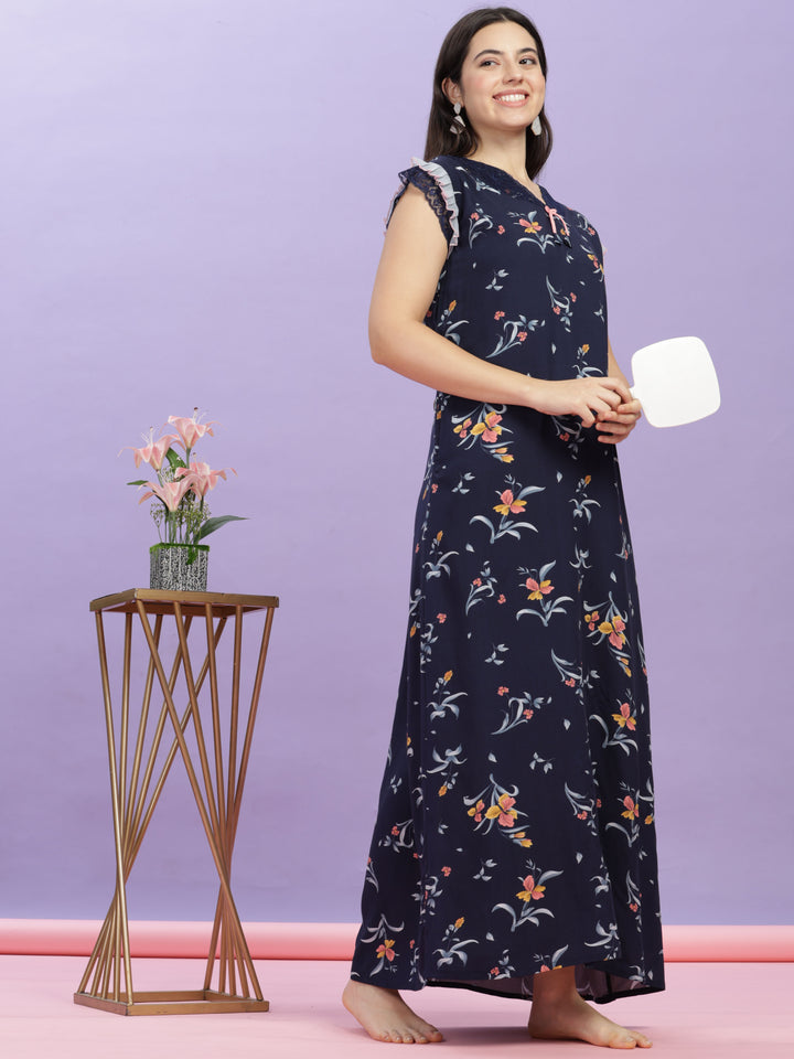 Elegant Navy Blue Rayon Floral Print Maxi Nightdress