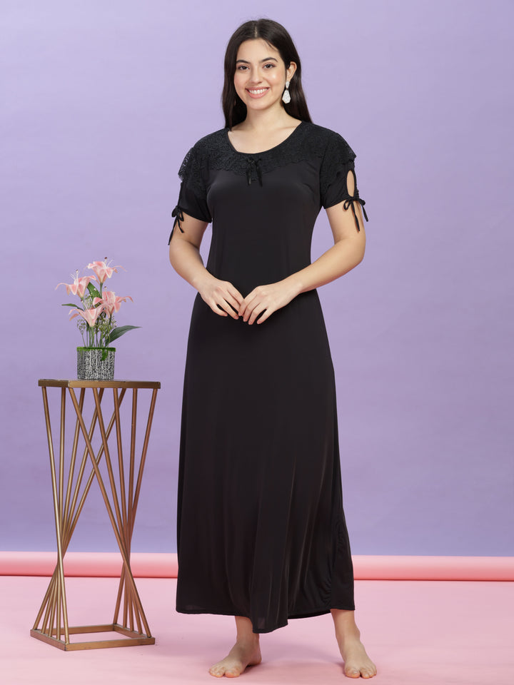 Chic Black Malai Modal Nighty – Designer Lace & Ultra-Soft Fabric