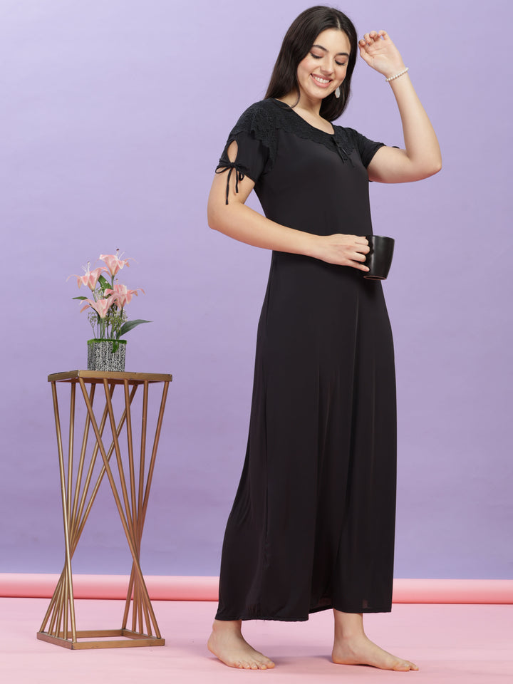 Chic Black Malai Modal Nighty – Designer Lace & Ultra-Soft Fabric