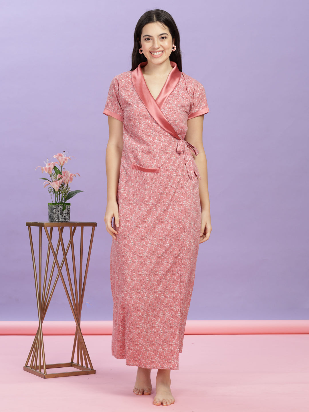 Pastel Pink Floral House Coat - Wrap Nightdress for Ultimate Comfort