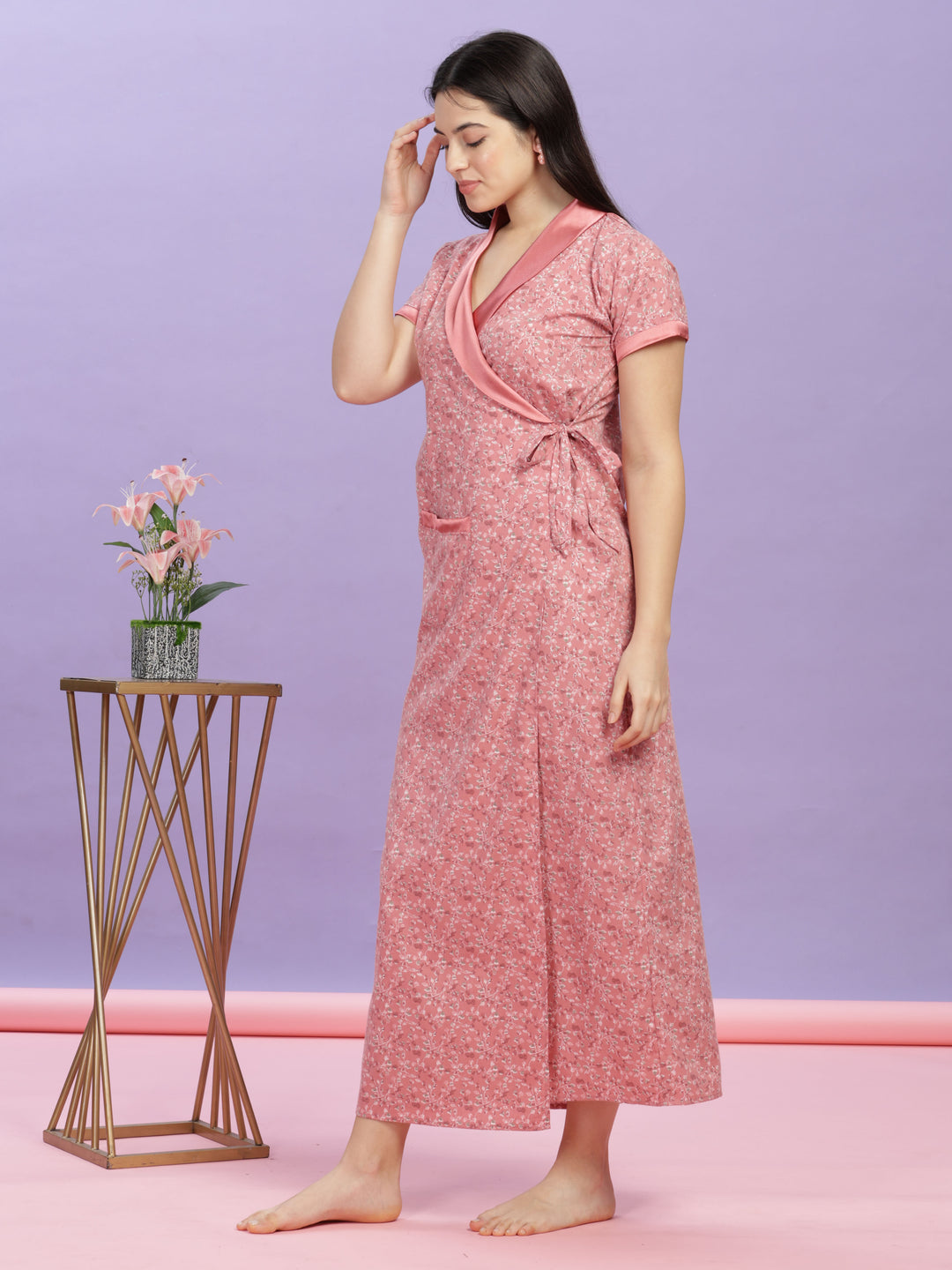 Pastel Pink Floral House Coat - Wrap Nightdress for Ultimate Comfort