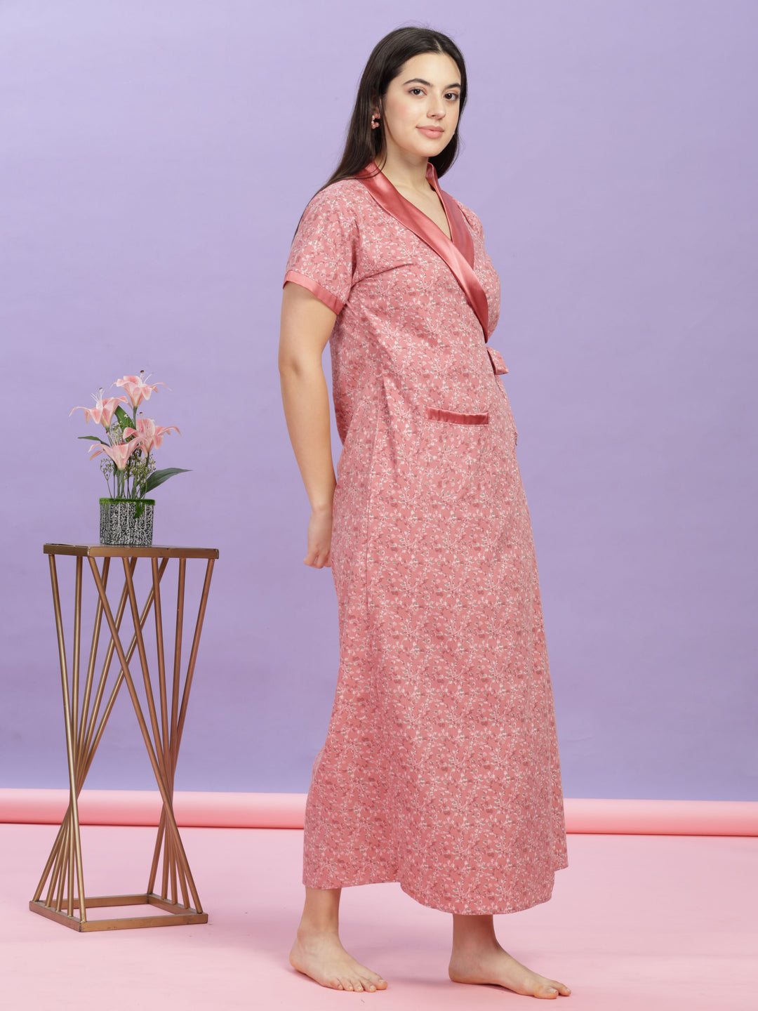 Pastel Pink Floral House Coat - Wrap Nightdress for Ultimate Comfort