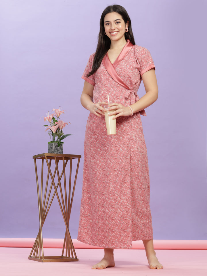 Pastel Pink Floral House Coat - Wrap Nightdress for Ultimate Comfort