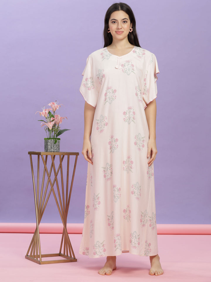 Pastel Pink Rayon Floral Nighty | Comfortable Kaftan Sleeves Maxi Gown