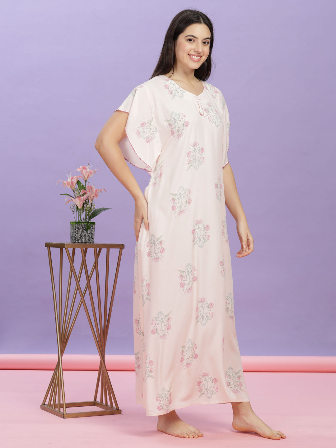 Pastel Pink Rayon Floral Nighty | Comfortable Kaftan Sleeves Maxi Gown