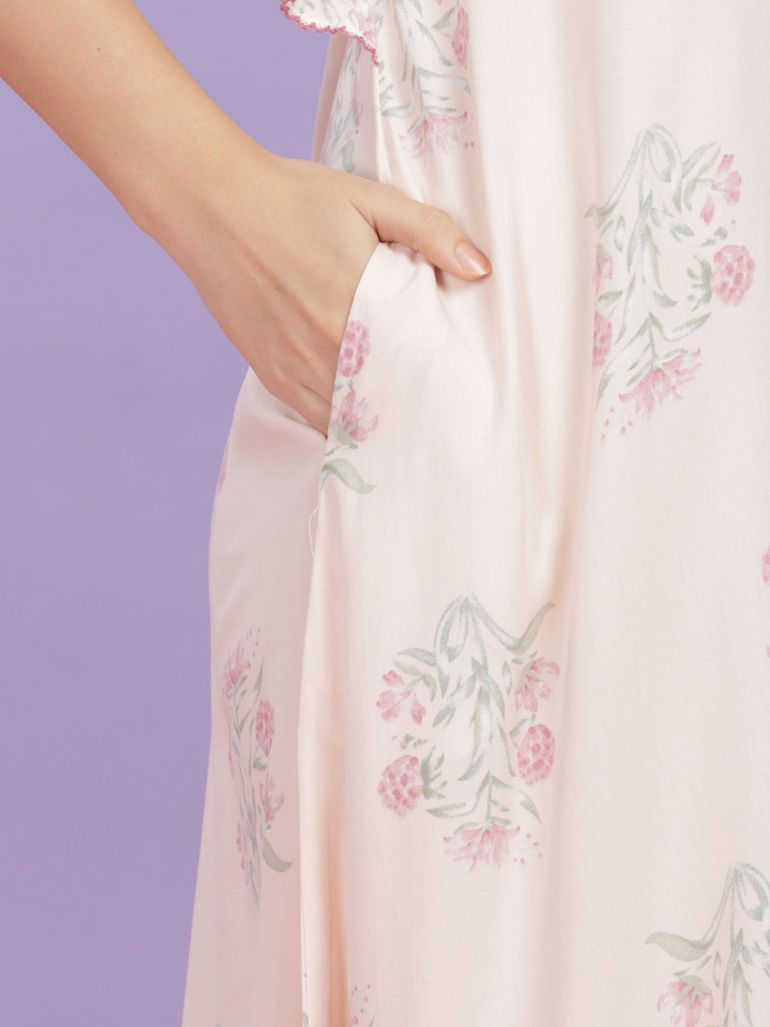 Pastel Pink Rayon Floral Nighty | Comfortable Kaftan Sleeves Maxi Gown