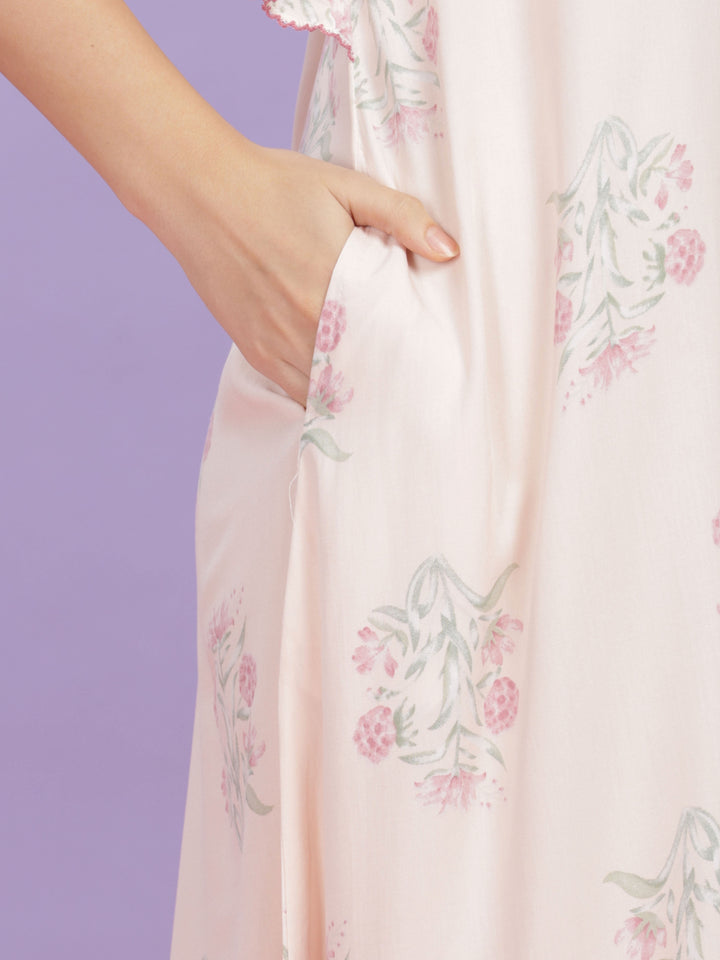 Pastel Pink Rayon Floral Nighty | Comfortable Kaftan Sleeves Maxi Gown