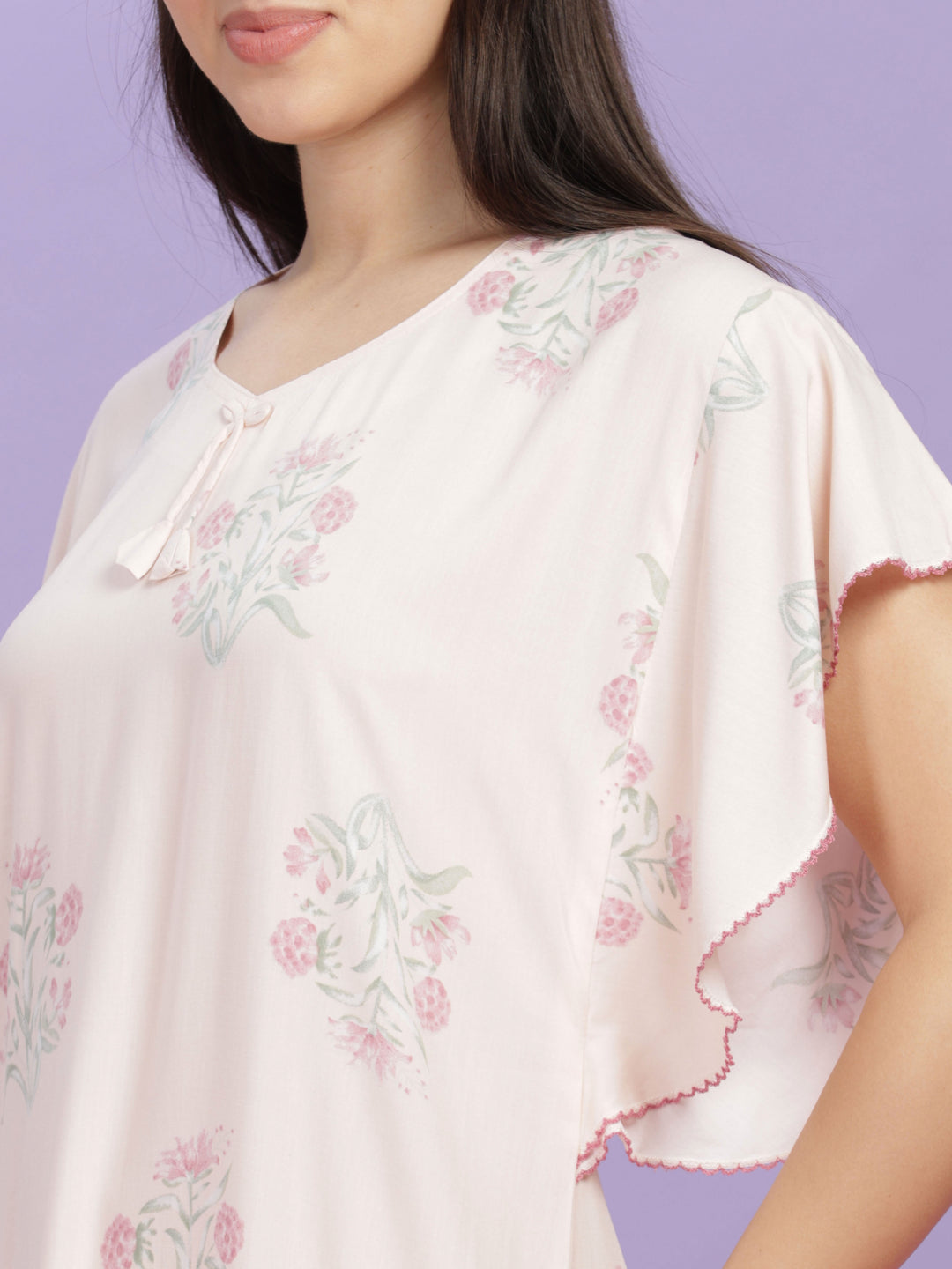 Pastel Pink Rayon Floral Nighty | Comfortable Kaftan Sleeves Maxi Gown