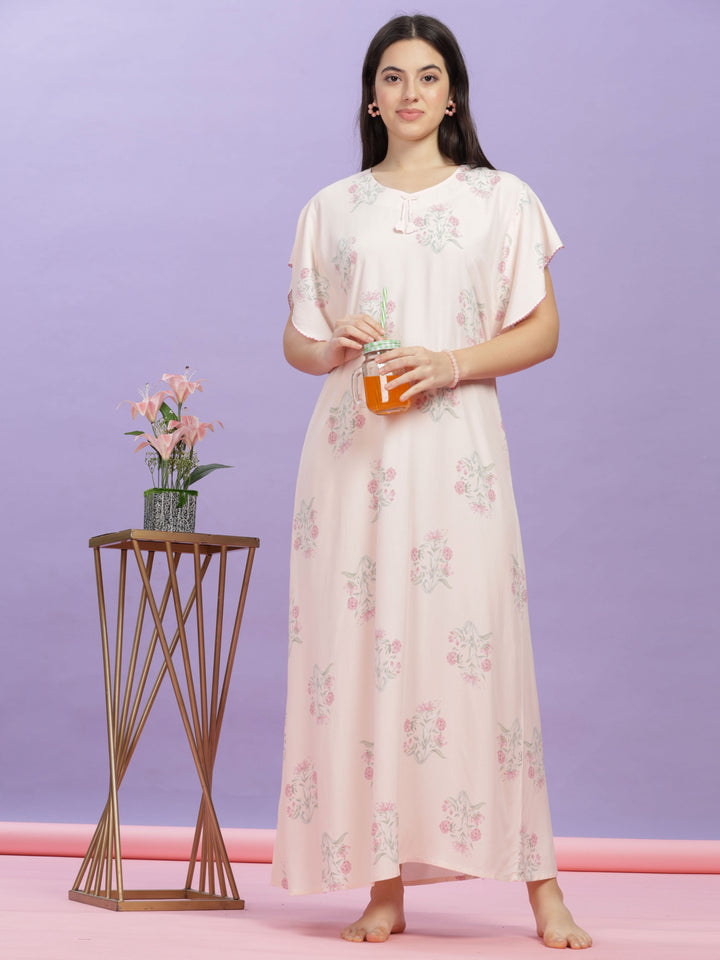 Pastel Pink Rayon Floral Nighty | Comfortable Kaftan Sleeves Maxi Gown