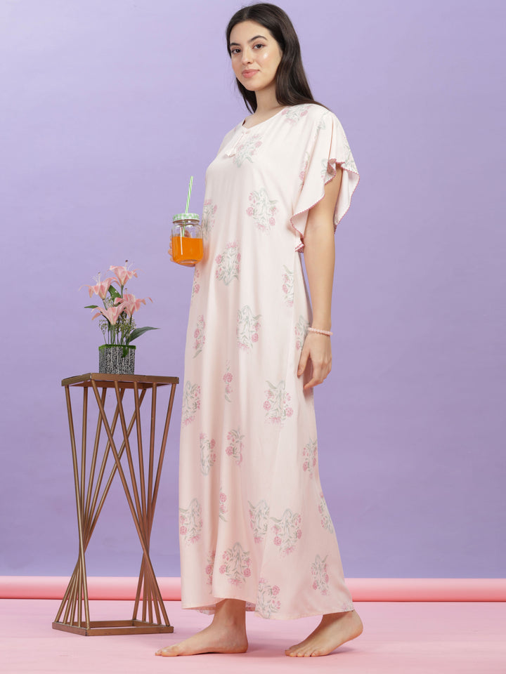 Pastel Pink Rayon Floral Nighty | Comfortable Kaftan Sleeves Maxi Gown