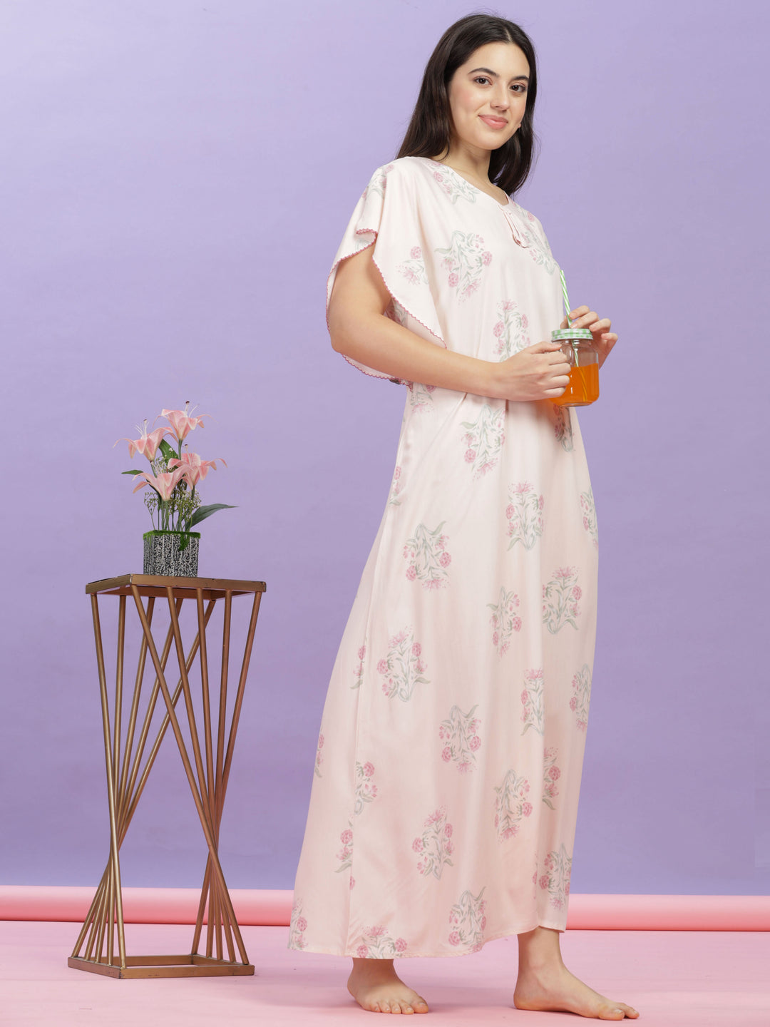 Pastel Pink Rayon Floral Nighty | Comfortable Kaftan Sleeves Maxi Gown