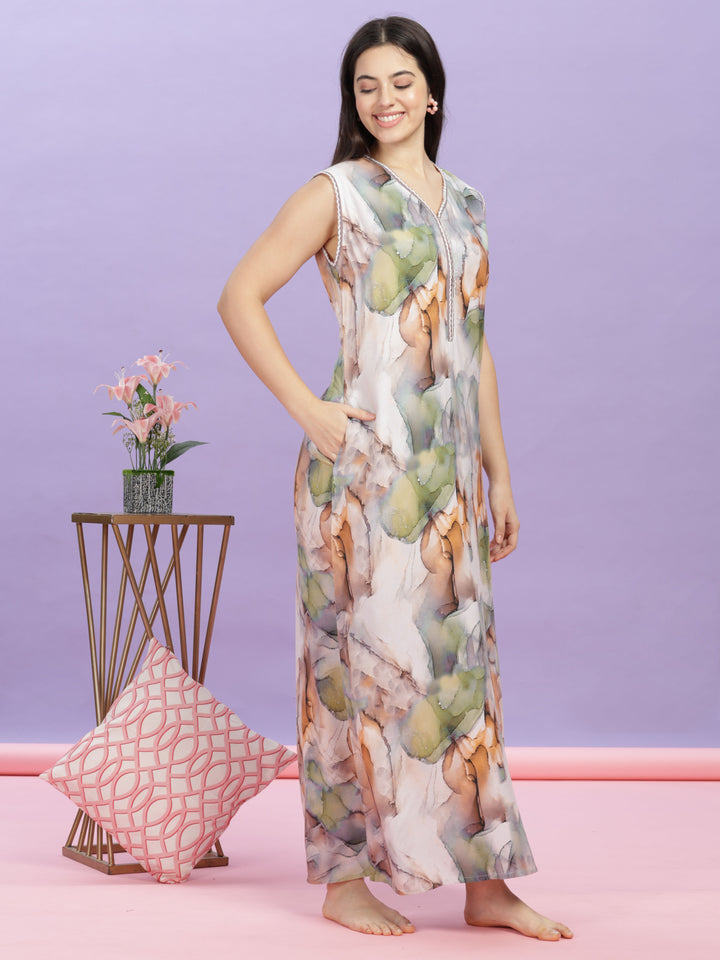 Marble India Print Rayon Maxi Nighty - Premium Sleeveless Nightdress