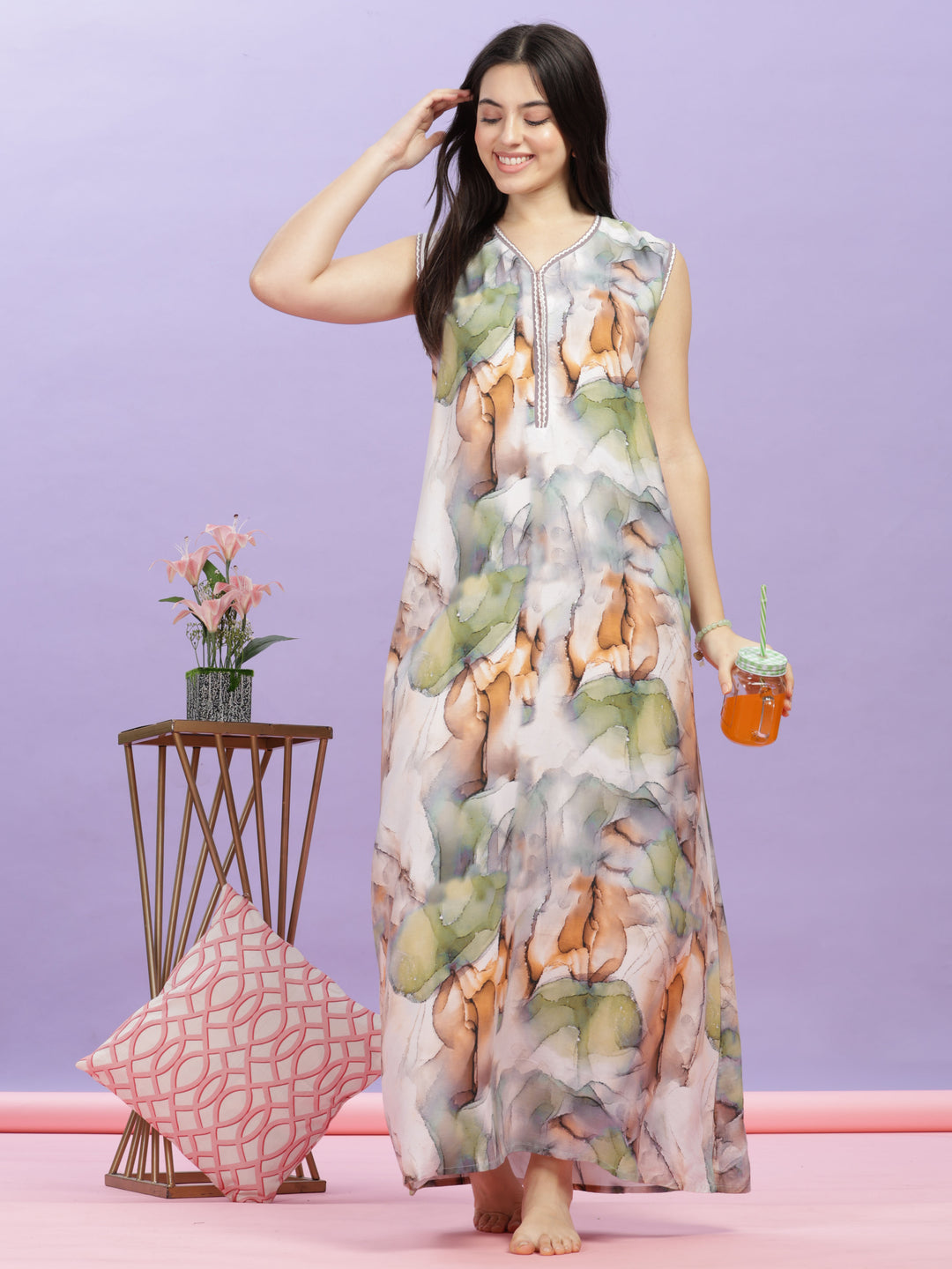 Marble India Print Rayon Maxi Nighty - Premium Sleeveless Nightdress