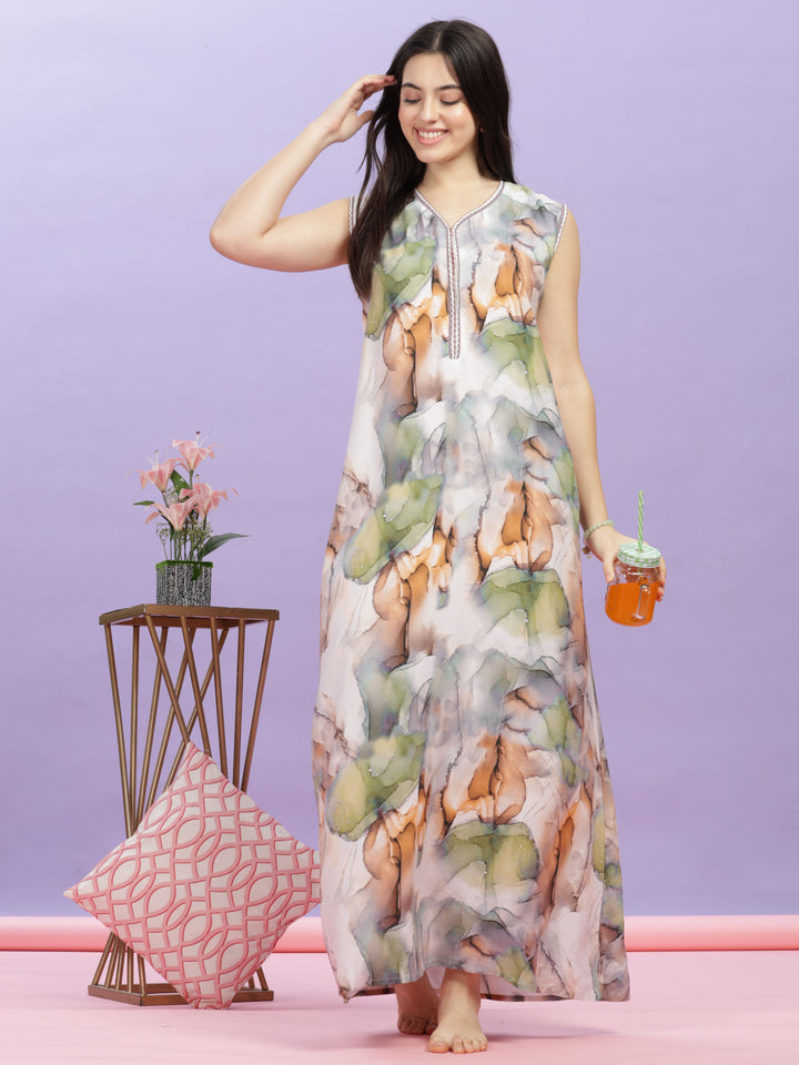 Marble India Print Rayon Maxi Nighty - Premium Sleeveless Nightdress