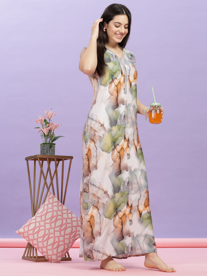 Marble India Print Rayon Maxi Nighty - Premium Sleeveless Nightdress