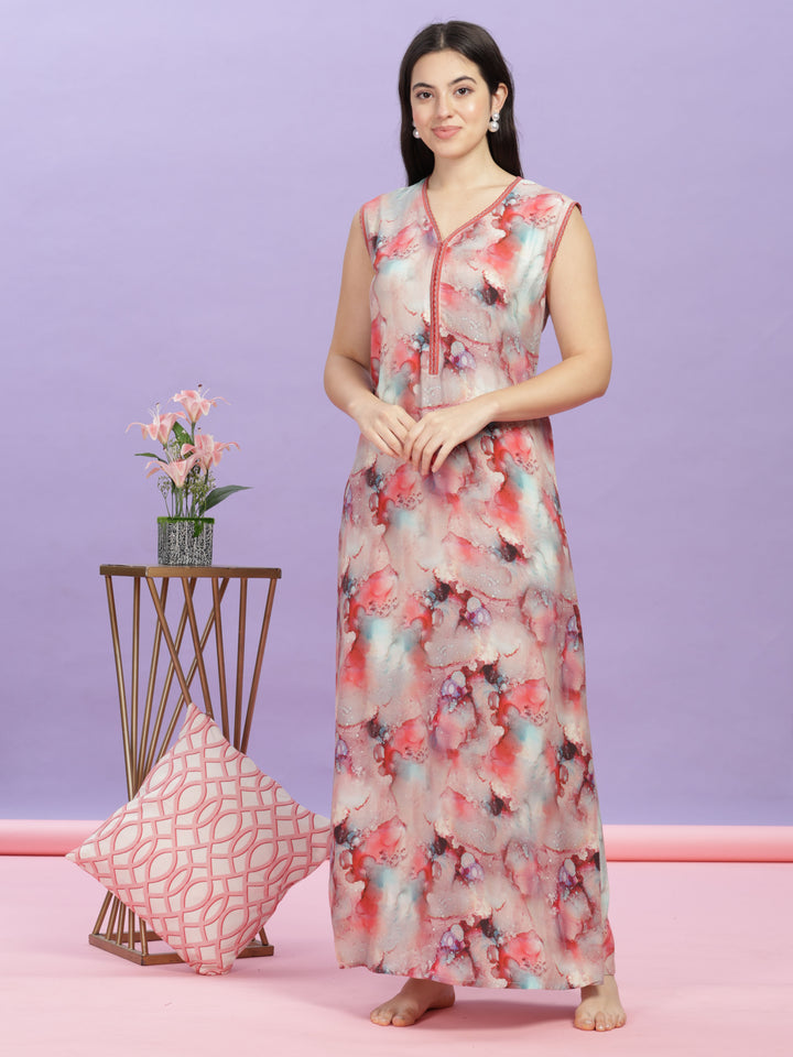 Marble Cherry Sleeveless Nighty - Soft Rayon Maxi Dress for Women