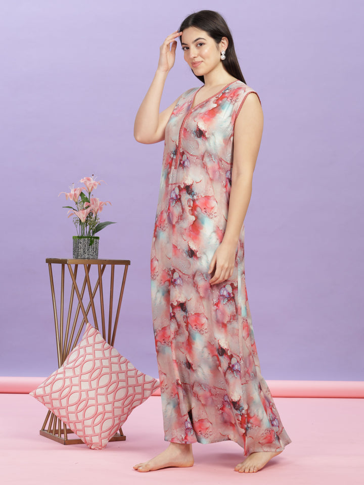 Marble Cherry Sleeveless Nighty - Soft Rayon Maxi Dress for Women