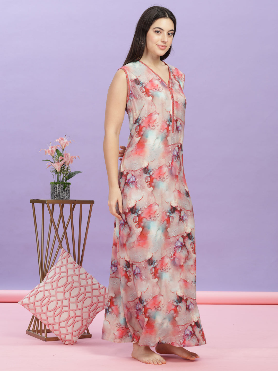 Marble Cherry Sleeveless Nighty - Soft Rayon Maxi Dress for Women