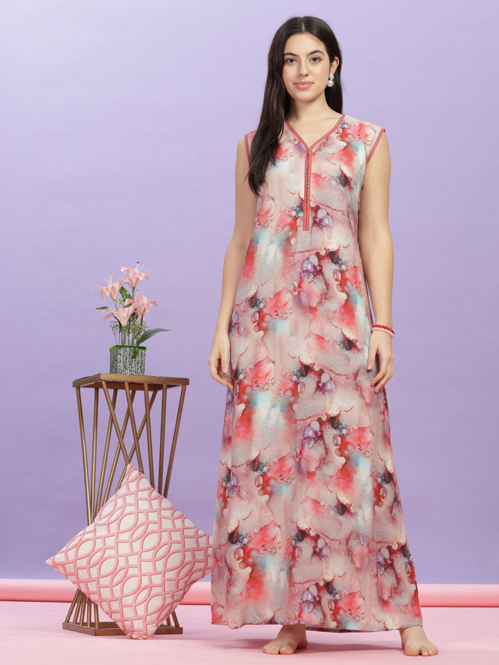 Marble Cherry Sleeveless Nighty - Soft Rayon Maxi Dress for Women