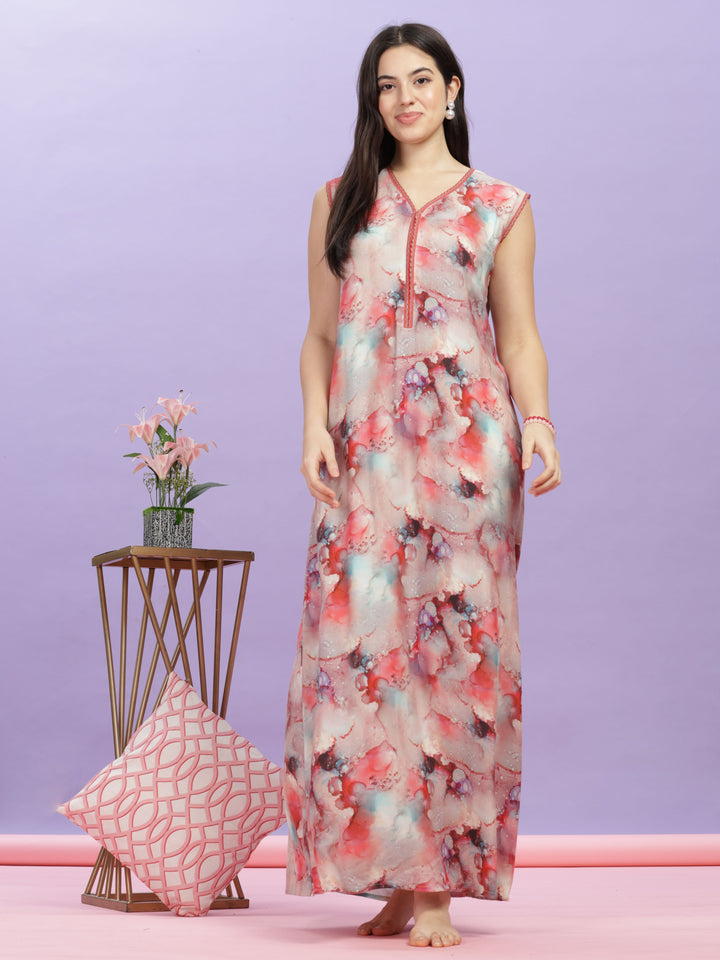 Marble Cherry Sleeveless Nighty - Soft Rayon Maxi Dress for Women