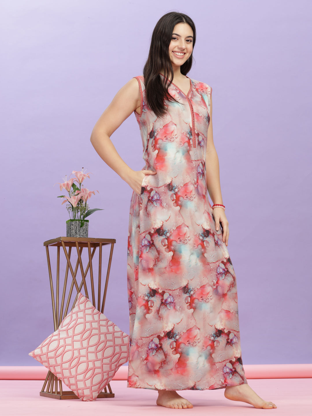 Marble Cherry Sleeveless Nighty - Soft Rayon Maxi Dress for Women