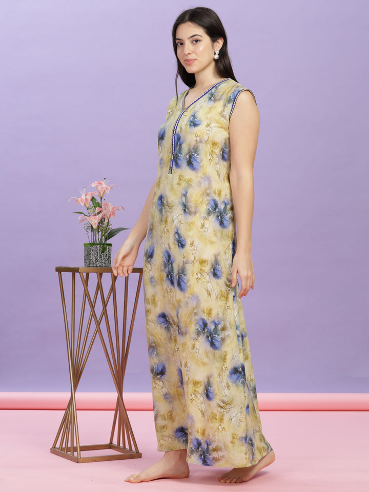 Mystic Yellow Sleeveless Rayon Maxi Dress - Perfect Nightwear