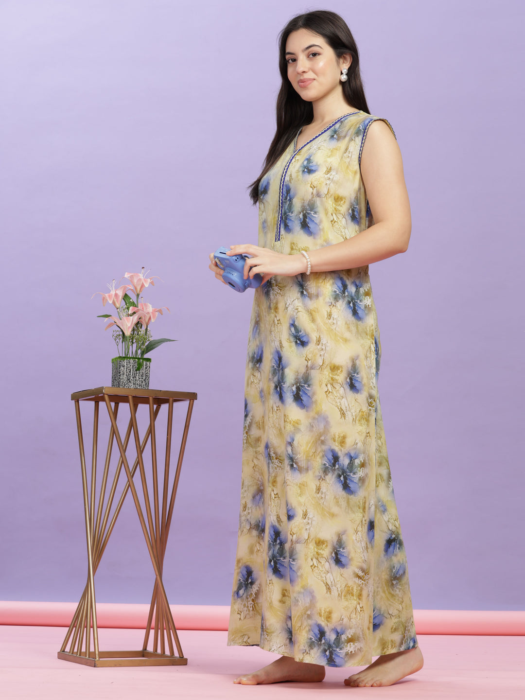 Mystic Yellow Sleeveless Rayon Maxi Dress - Perfect Nightwear