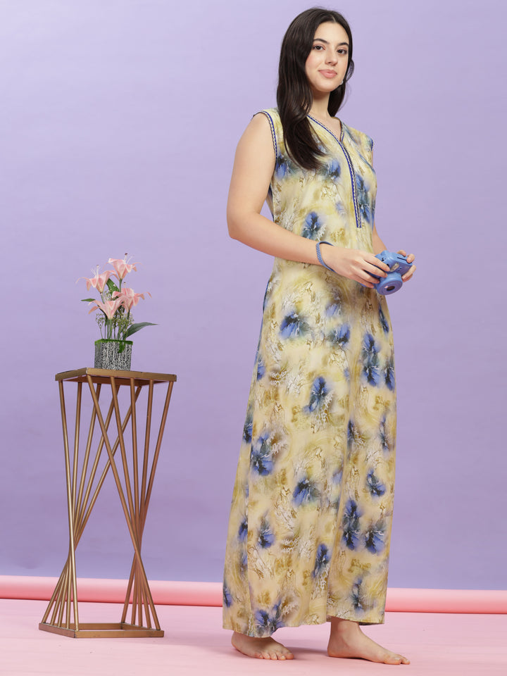 Mystic Yellow Sleeveless Rayon Maxi Dress - Perfect Nightwear