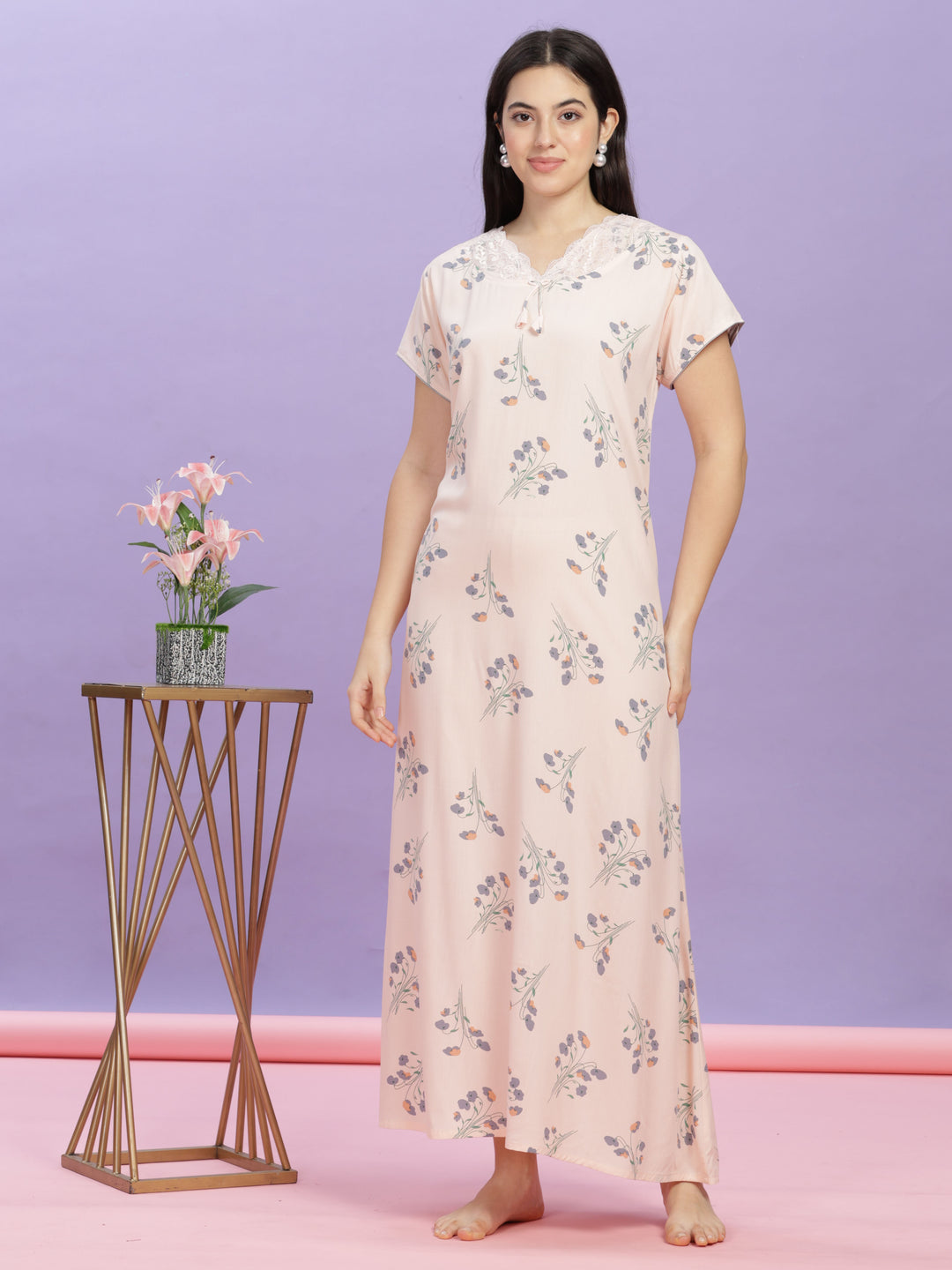 Peach Floral Print Lace-Trimmed Rayon Maxi Nighty