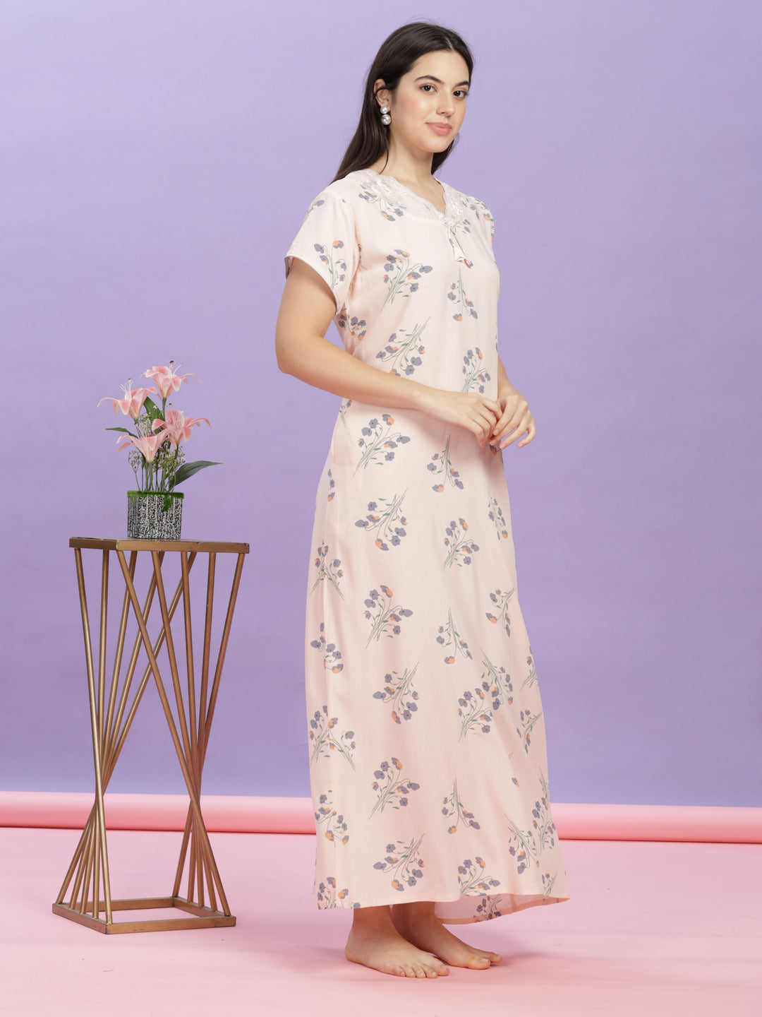 Peach Floral Print Lace-Trimmed Rayon Maxi Nighty