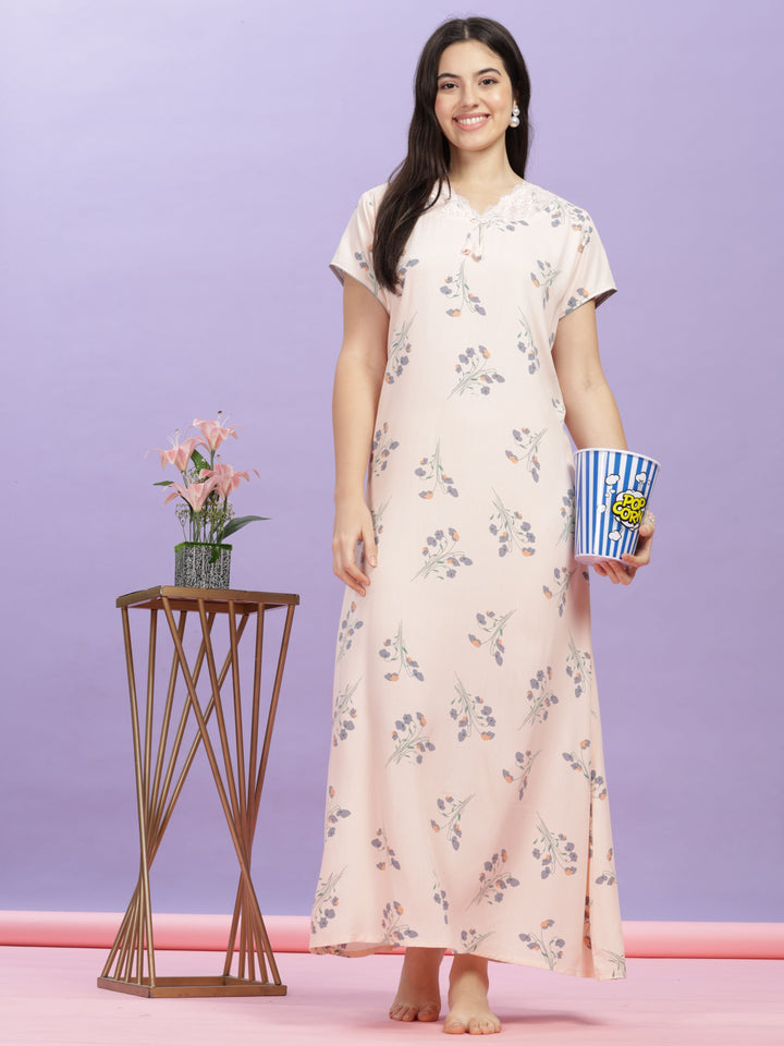 Peach Floral Print Lace-Trimmed Rayon Maxi Nighty