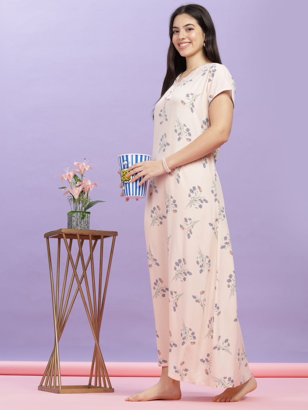 Peach Floral Print Lace-Trimmed Rayon Maxi Nighty