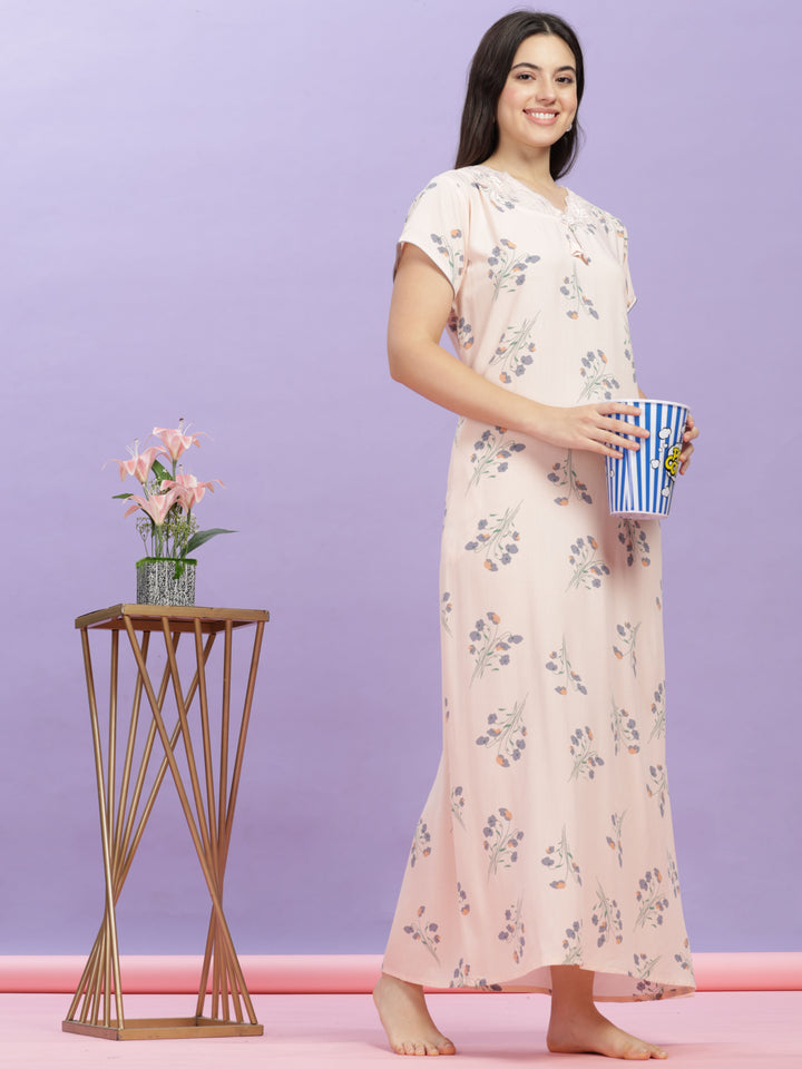 Peach Floral Print Lace-Trimmed Rayon Maxi Nighty