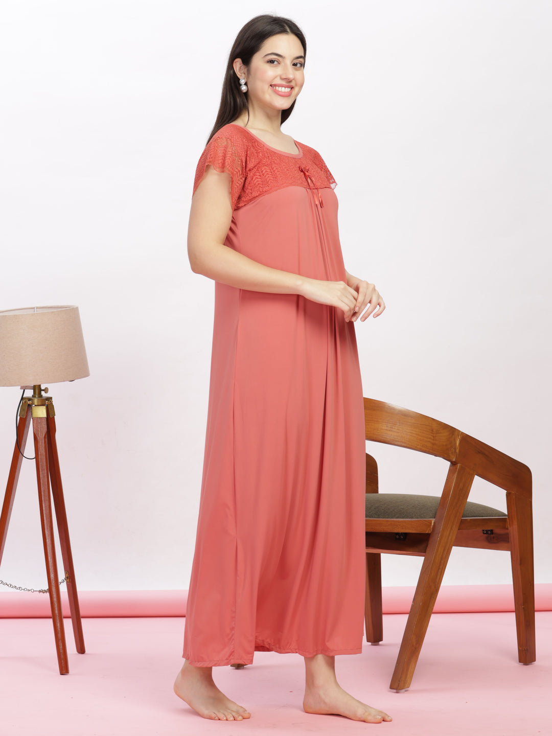 Rust Malai Modal Nighty – Premium Comfort & Lace Detailing for Women