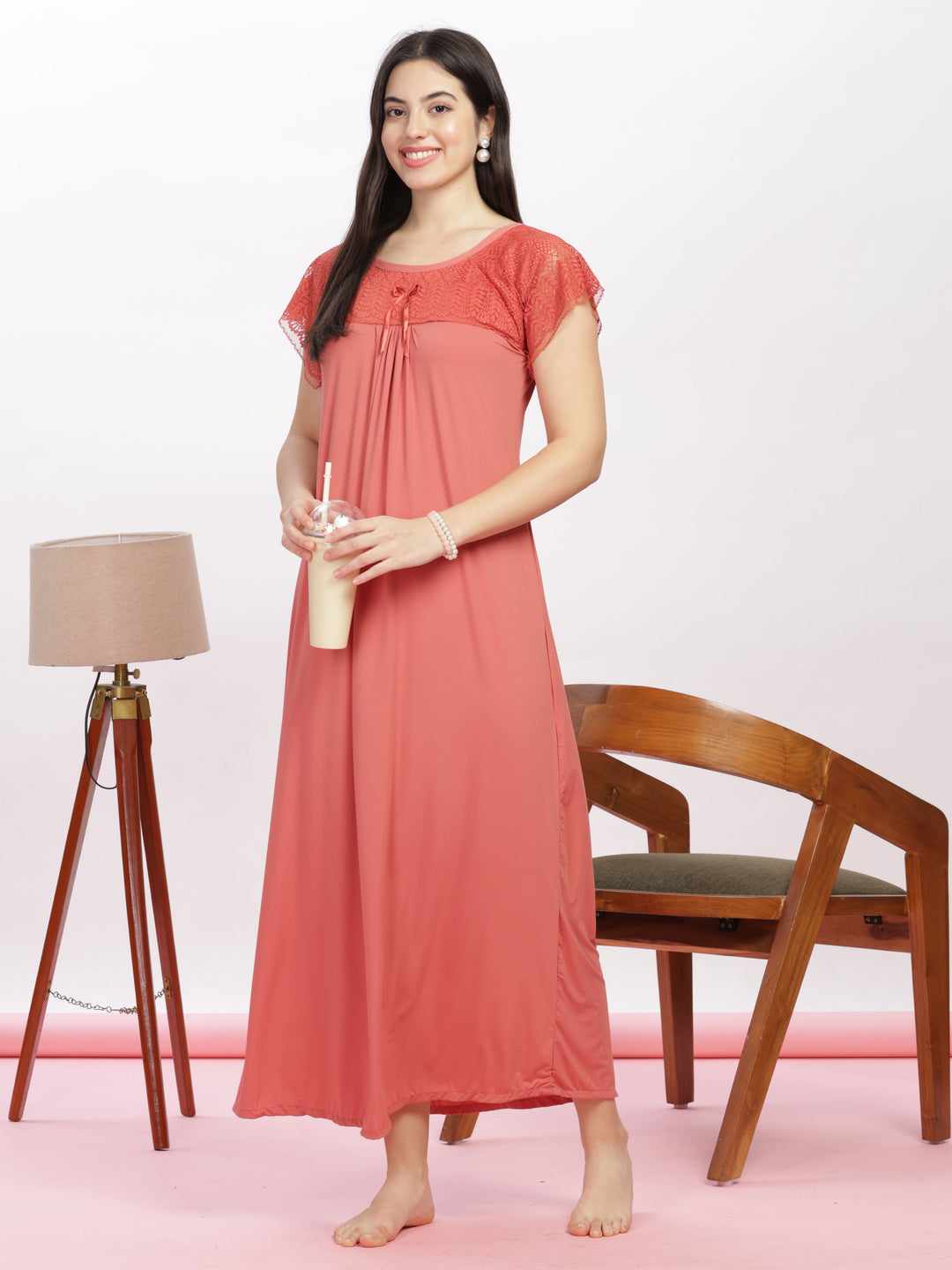 Rust Malai Modal Nighty – Premium Comfort & Lace Detailing for Women