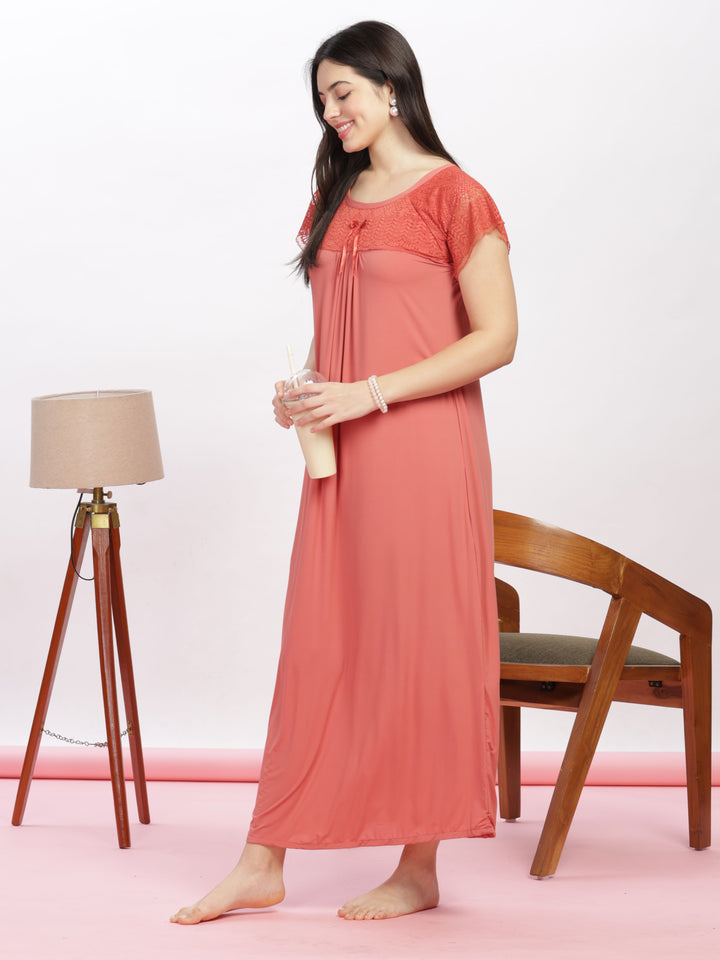 Rust Malai Modal Nighty – Premium Comfort & Lace Detailing for Women