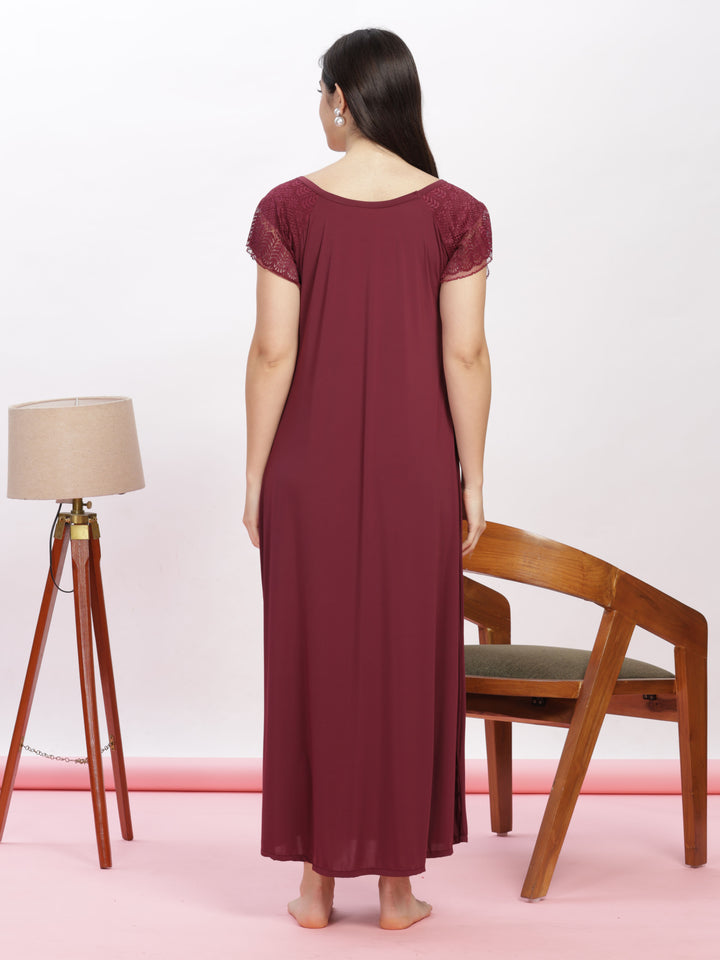 Luxurious Maroon Malai Modal Designer Nighty with Elegant Lace Details