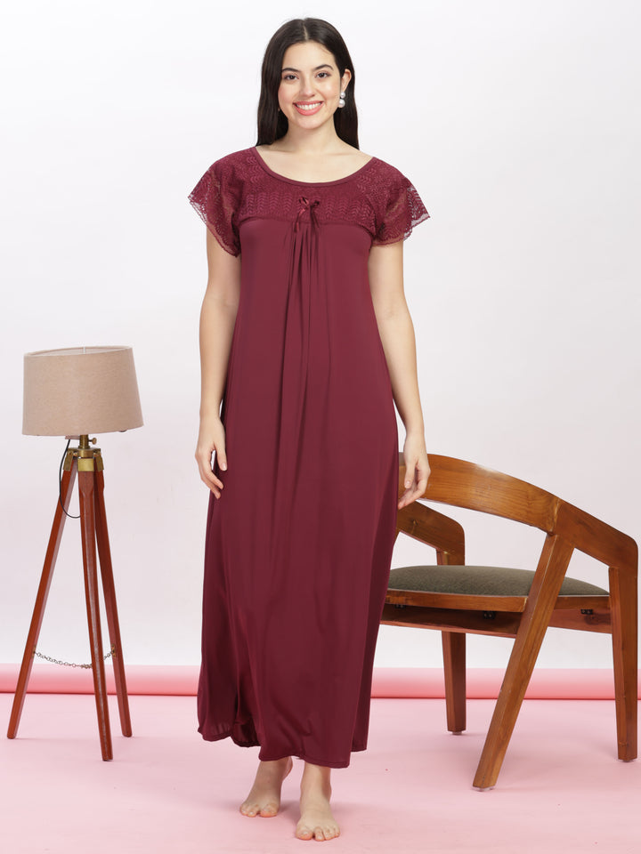 Luxurious Maroon Malai Modal Designer Nighty with Elegant Lace Details