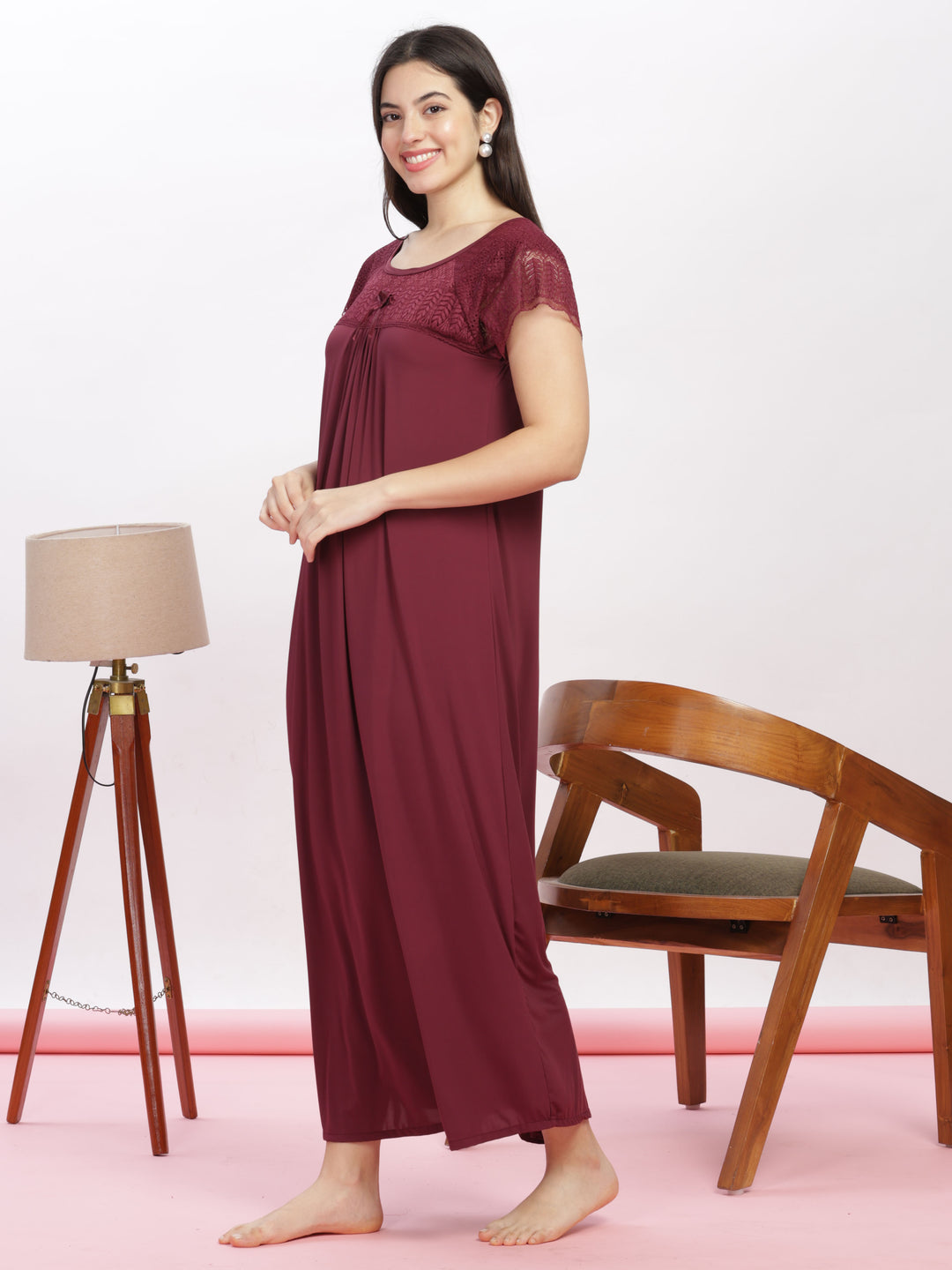 Luxurious Maroon Malai Modal Designer Nighty with Elegant Lace Details