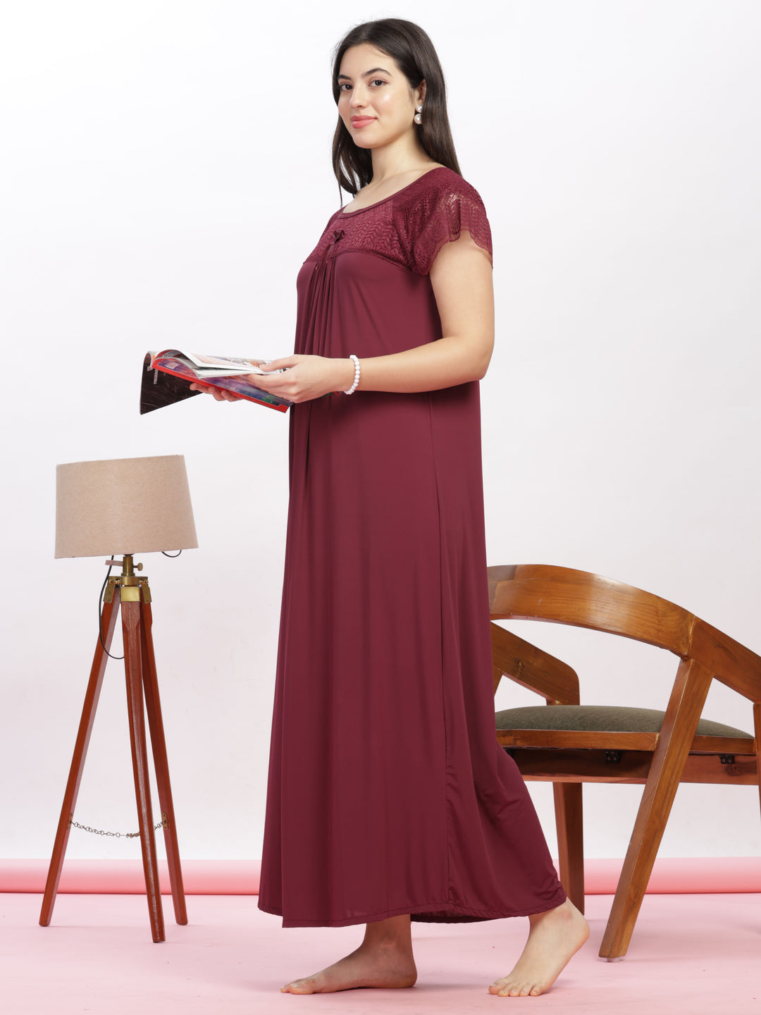 Luxurious Maroon Malai Modal Designer Nighty with Elegant Lace Details