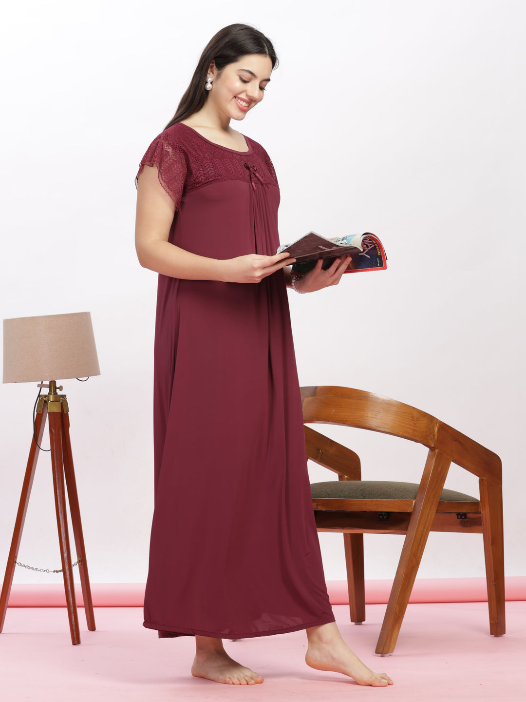 Luxurious Maroon Malai Modal Designer Nighty with Elegant Lace Details